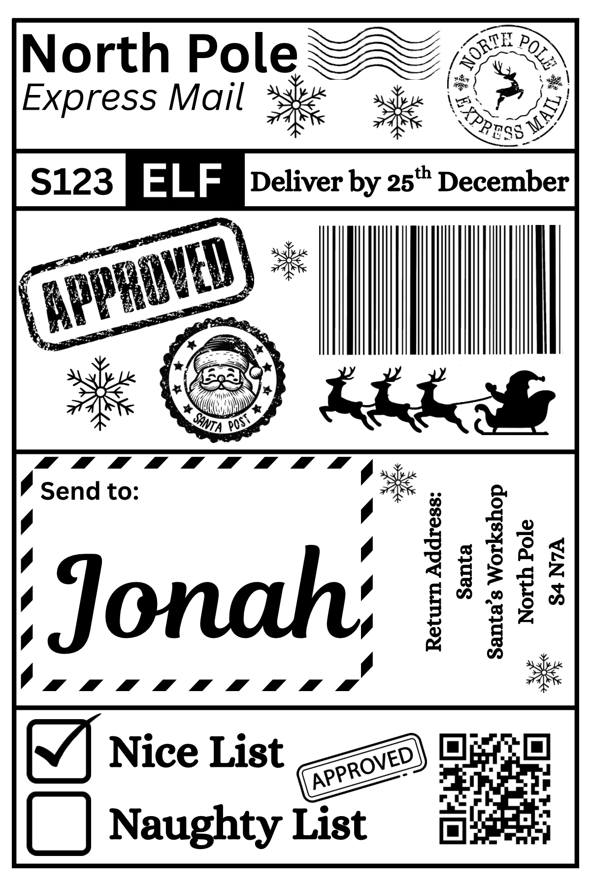Christmas Return Labels With Child's Name (No Personal Address Included)