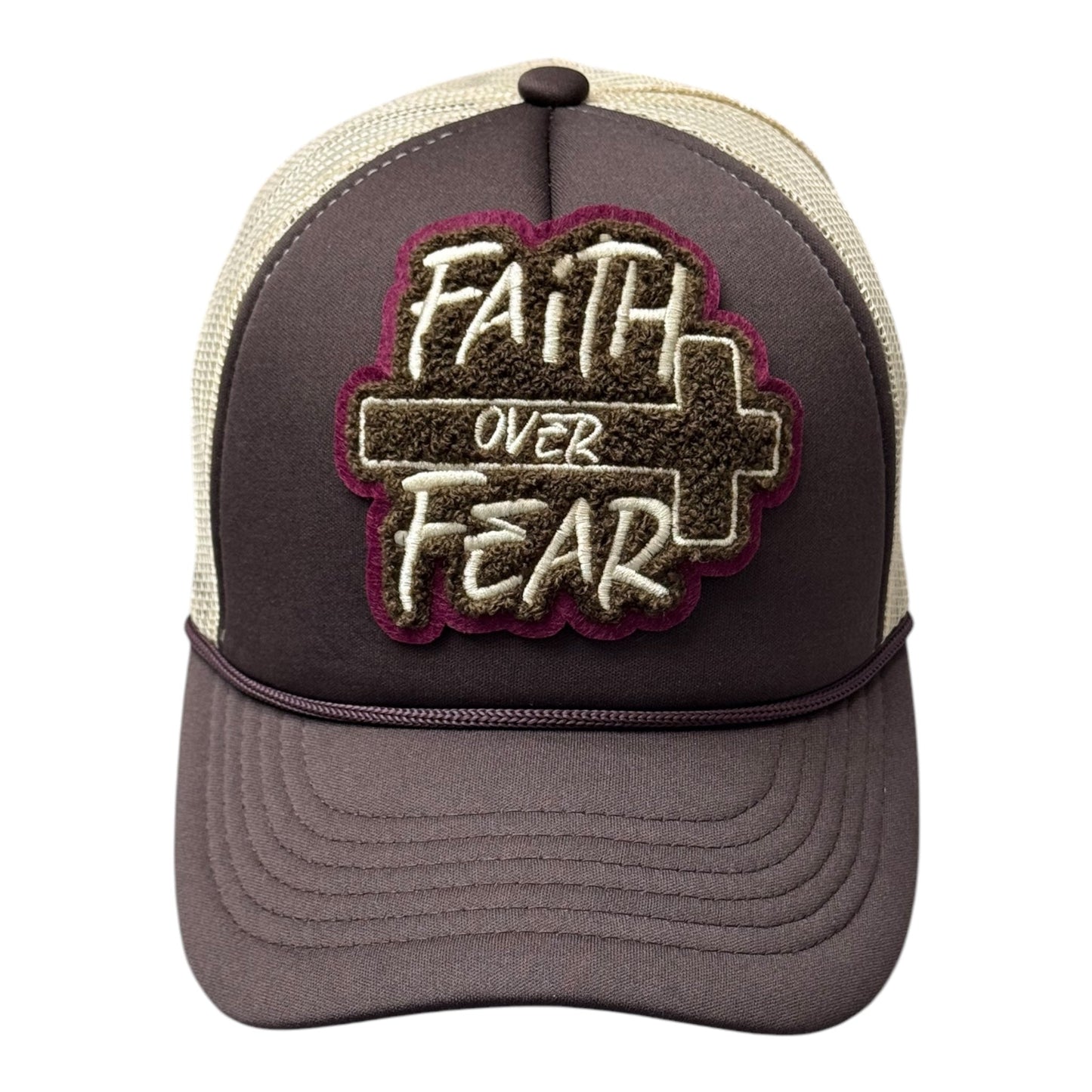 Faith Over Fear Foam Trucker Hat Brown Cream Maroon