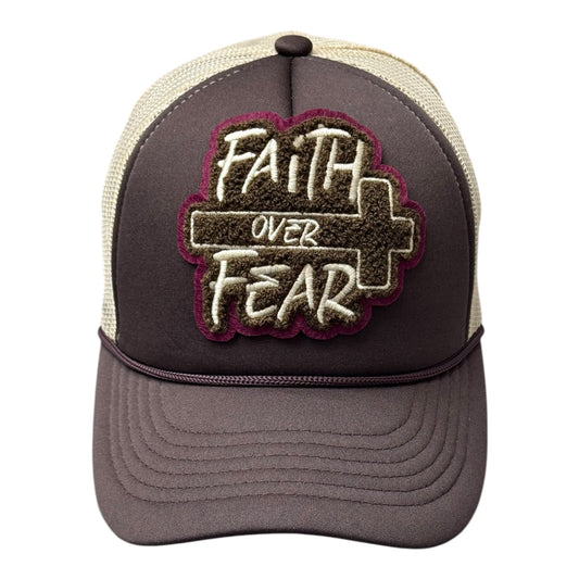 Faith Over Fear Foam Trucker Hat Brown Cream Maroon